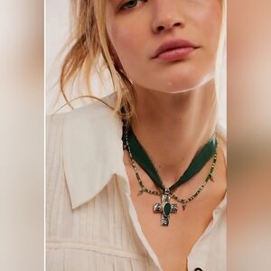 Free People, Lola Choker ( Beaded/Ribbon/Metal) - Green, NWT!